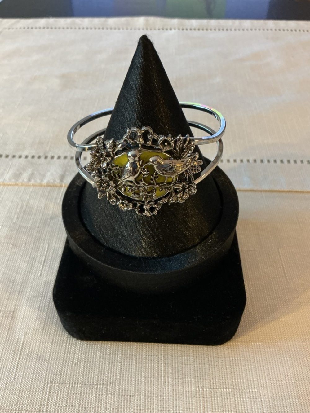 Pale Green/Yellow “Springtime Sparrow” Silver Tone Hinged Cuff Bracelet